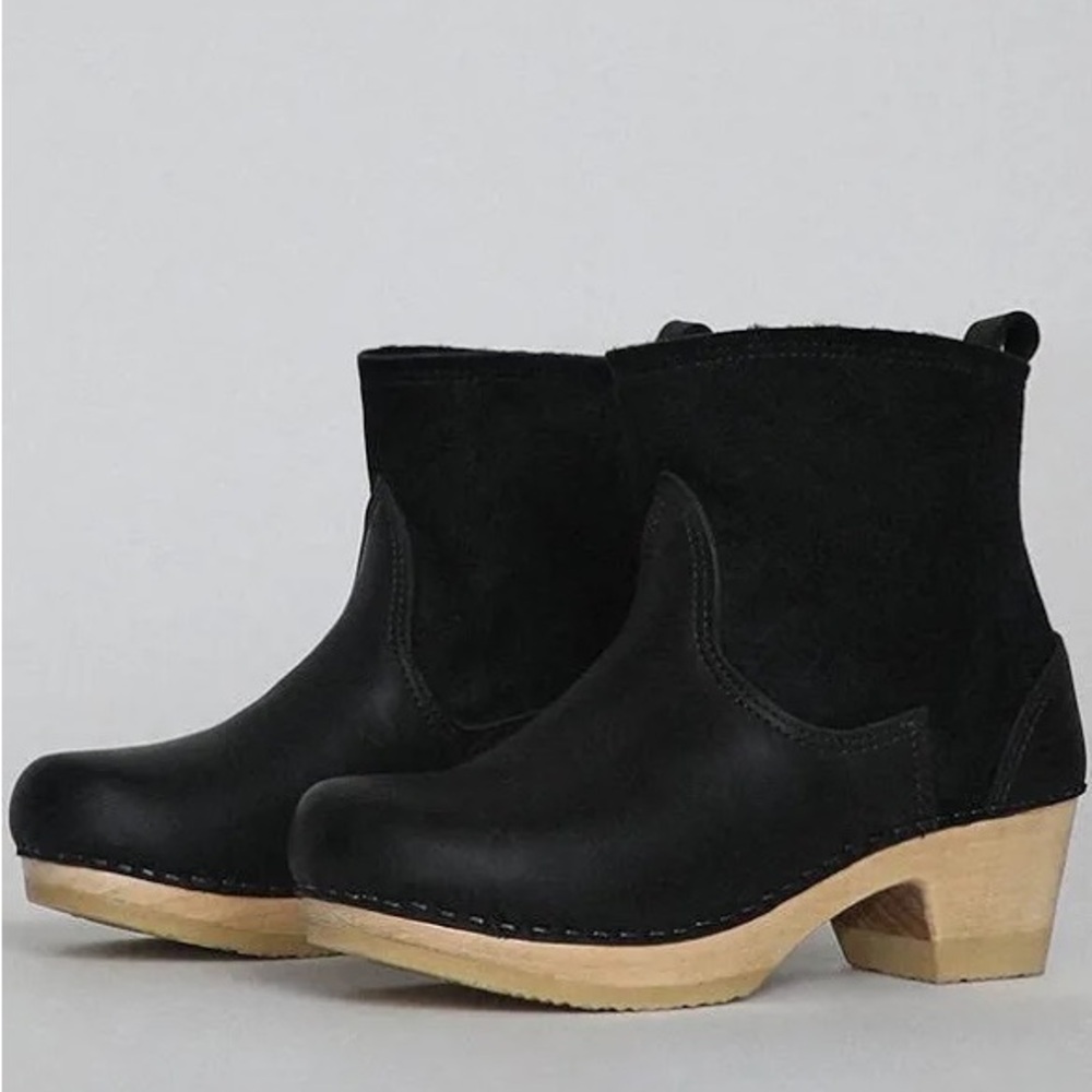 No.6 Black Mid Heel Shearling Lined Clog Boots